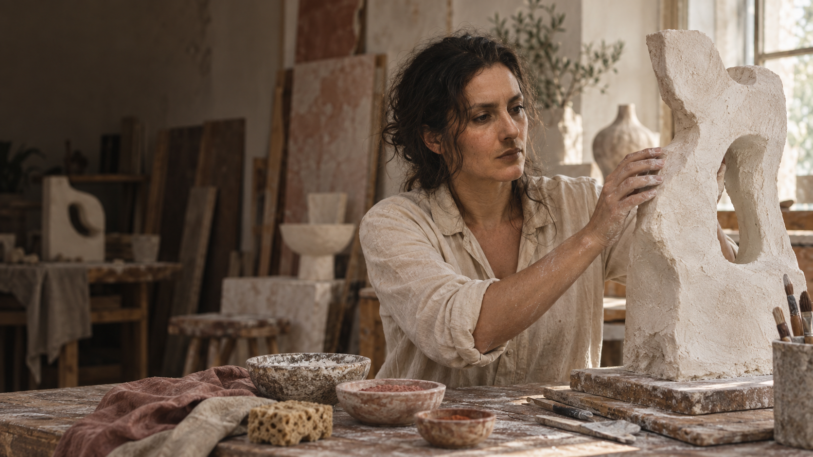 Elena Andreou working on a plaster sculpture in her Nicosia studio