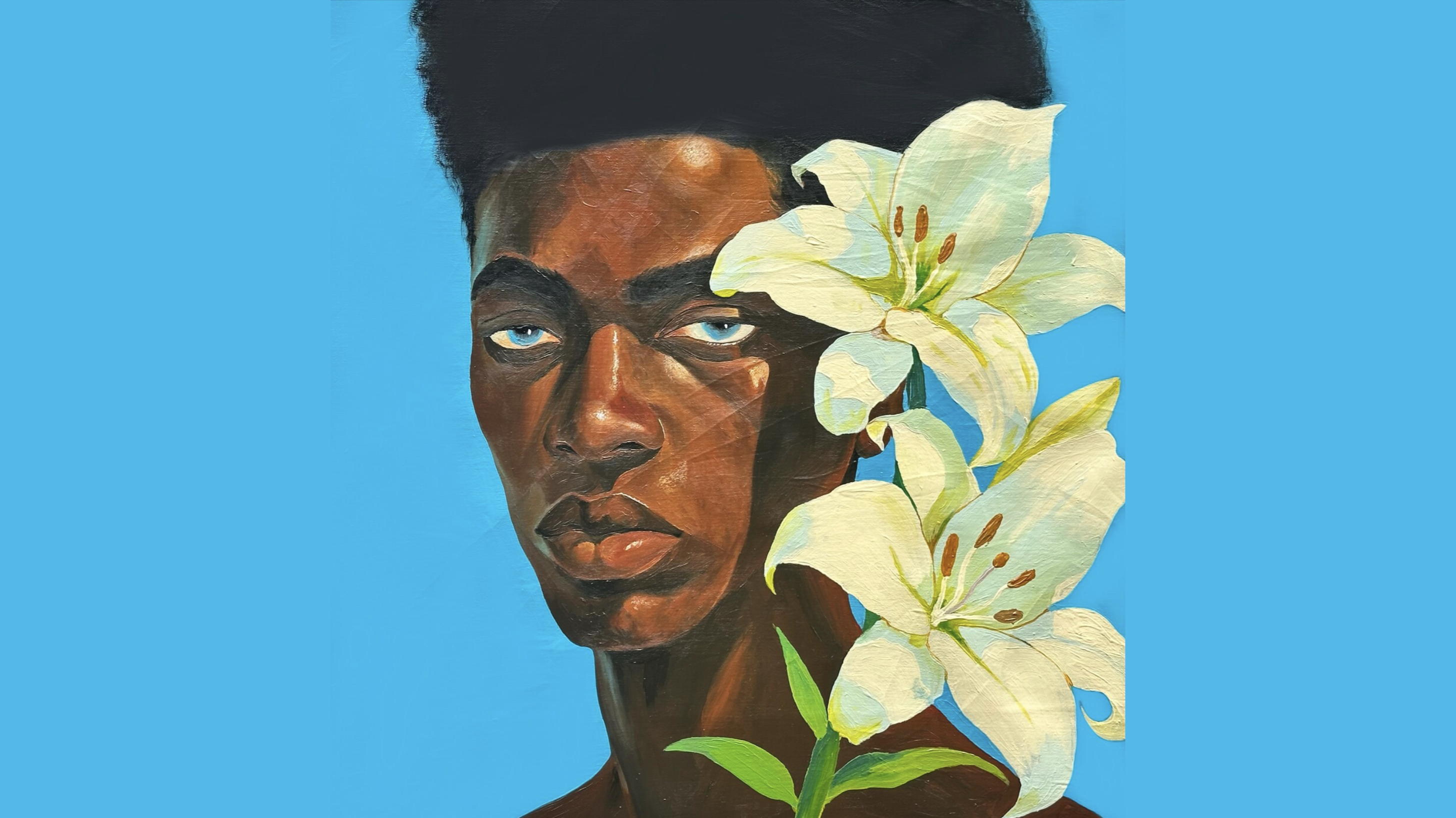 Painted portrait with white lilies on a vivid blue background