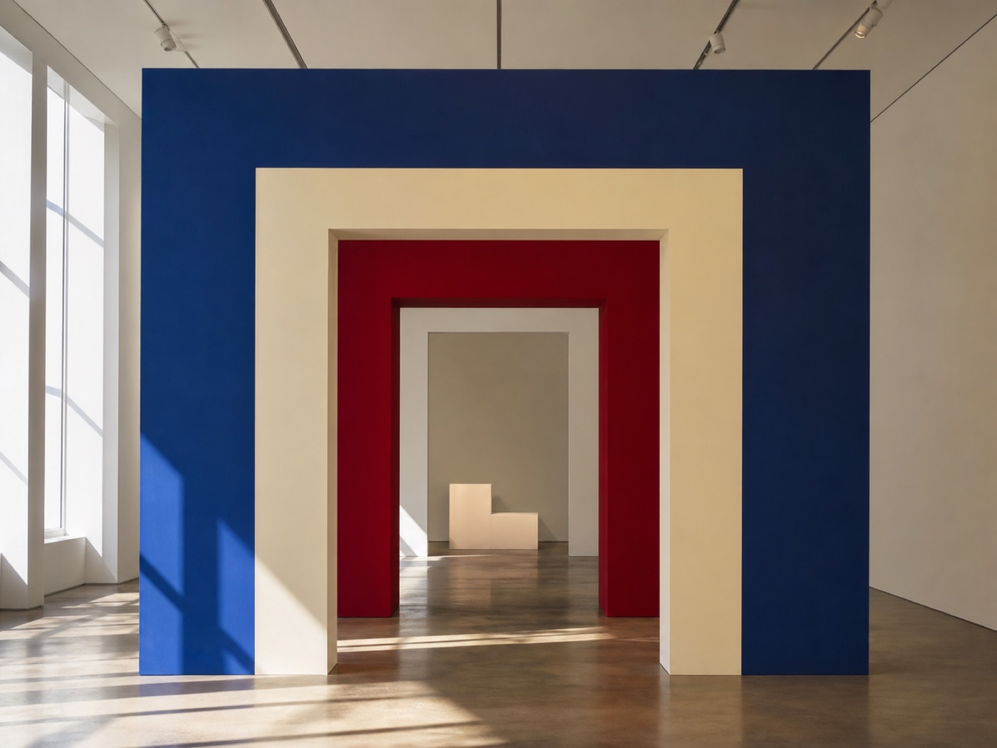 Geometric blue, red and cream doorway installation